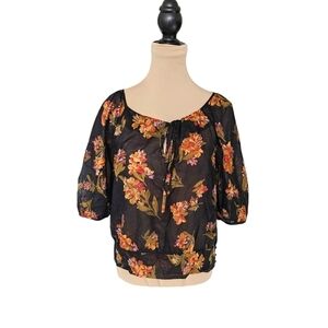 Edme & Esyllte Anthropologie Black Floral Lightweight Puff Sleeve Blouse Sz M